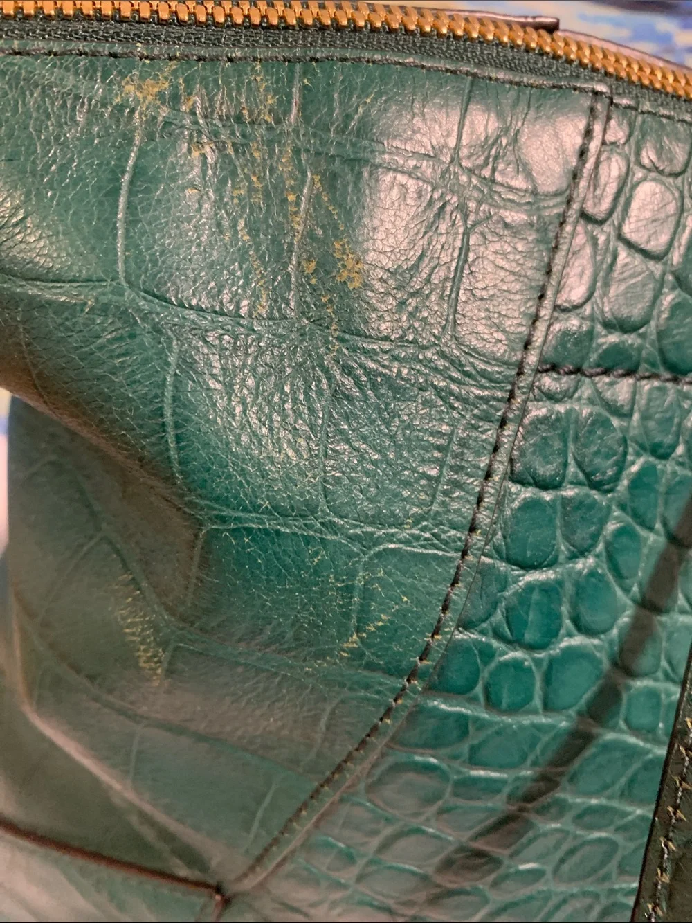 MCM Green Croc-Embossed Satchel with Gold Plaque with  Authenticity Card